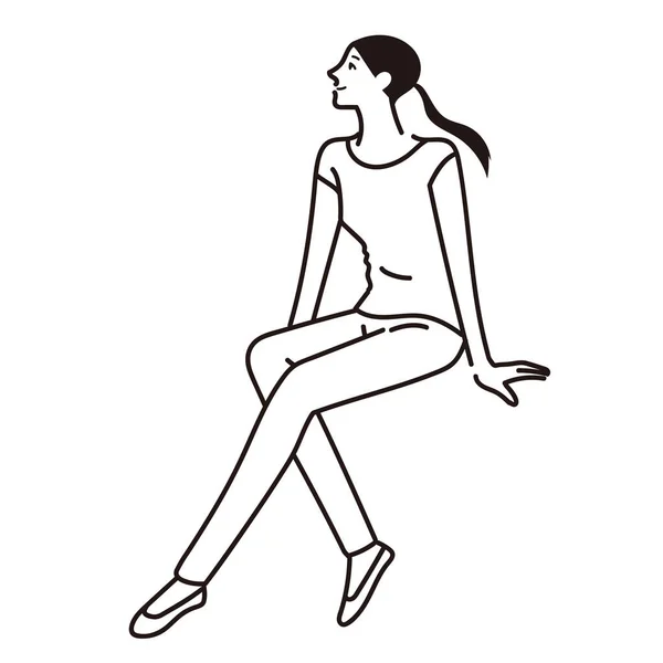 風を感じながら座っている女性の線画 — ストックベクタ