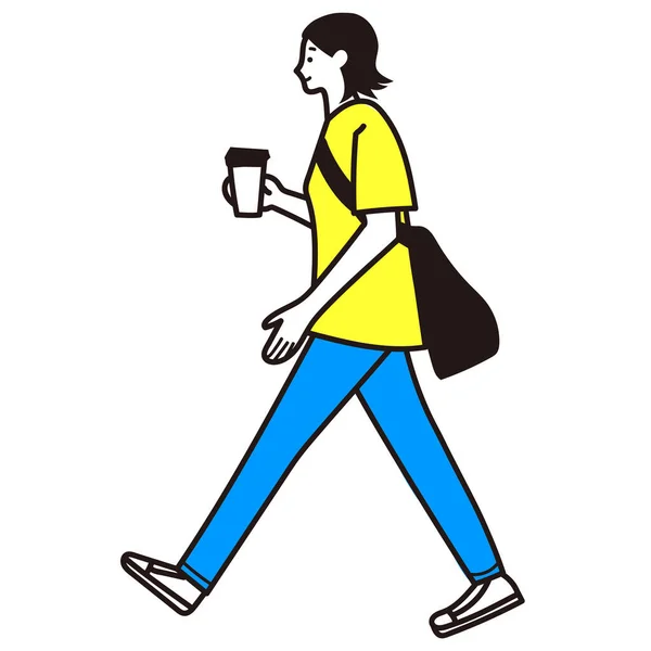 Vektorlinie Zeichnung Illustration Einer Jungen Frau Die Mit Einer Tasse — Stockvektor