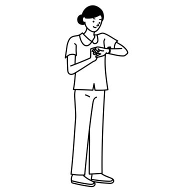 Saate bakan bir hemşirenin tüm vücut vektör çizimi