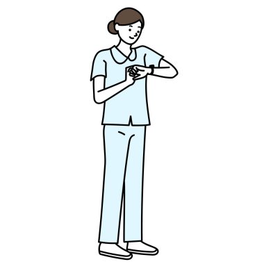 Saate bakan bir hemşirenin tüm vücut vektör çizimi