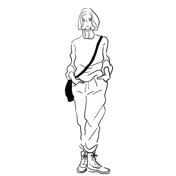 Línea Cuerpo Completo Dibujo Vector Una Mujer Pantalones — Archivo Imágenes Vectoriales