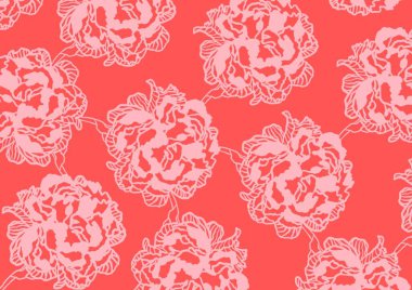 Parlak kırmızı arka planda pembe şakayık deseni