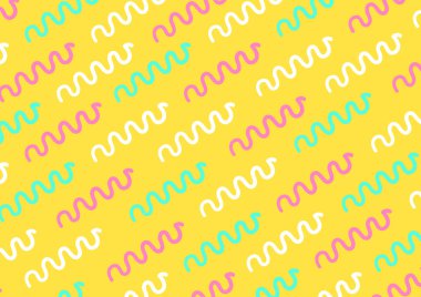 Sarı arka planda çok renkli karalamalar var. Marka kimliği, kırtasiye malzemeleri, ambalaj kağıtları ve duvar kağıtları için modaya uygun desenler. Asgari arkaplan.