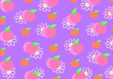 Pembe ve turuncu şeftali, mor arka planda kontur çiçekleri. Kurumsal kimlik, kırtasiye, ambalaj ve duvar kâğıdı için modaya uygun desenler. Minimalist çiçek arkaplanı. Meyve formları.
