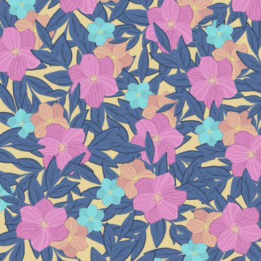 Sarı arka planda yaprakları olan bahar çiçekleri deseni