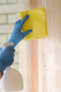 Güneşli bir yaz gününde mavi lastik eldivenli bir kadın sarı bir bez ve Dünya Temizlik Günü spreyinden alınan deterjanla pencereyi yıkıyor.