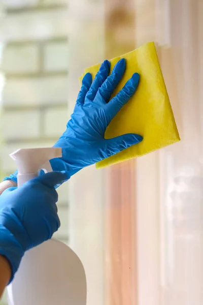 Woman Blue Protective Gloves Washes Window Napkin Detergent Spray Gun — Stock Photo, Image