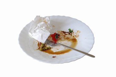 Beyaz arka planda, çatallı ve buruşmuş kağıt peçeteli beyaz tabak.