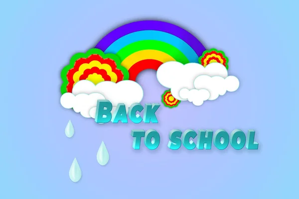 Terug Naar School Een Blauwe Achtergrond Tekst Een Regenboog Wolken — Stockfoto