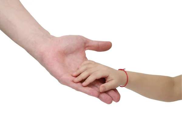 Hand Small Caucasian Child Hand Adult Caucasian Male White Background — Stock Photo, Image