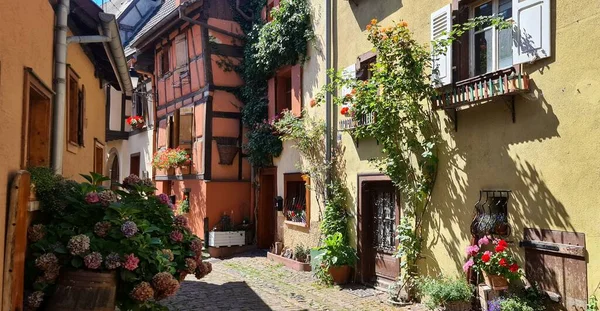 Rua estreita forrada com casas de madeira em Eguisheim, Alsácia, França — Fotografia de Stock