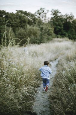 Vahşi yaşam ve kuru otlarla dolu patika. Çocuk yol boyunca koşar. Çocuk tarlada koşuyor. Yürüyüş konsepti