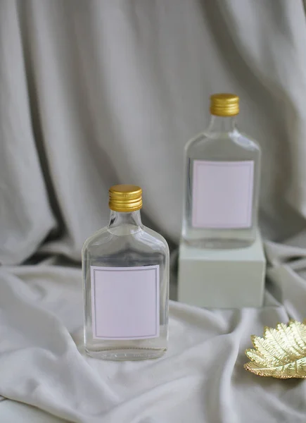 Bouteille Verre Transparent Avec Place Pour Texte Bouteille Avec Liquide — Photo