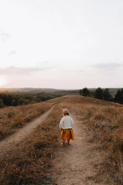 Seorang Anak Berdiri Atas Bukit Tengah Hutan Gadis Kecil Berjalan — Stok Foto