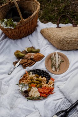 parkta ya da bahçede piknik. Peynir tabağı, armut ve bir şişe şarapla piknik. Sosis ve peynir dilimlerken zeytin ve fındık da var..