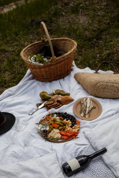 Piknik Taman Atau Taman Piknik Dengan Sepiring Keju Pir Dan — Stok Foto