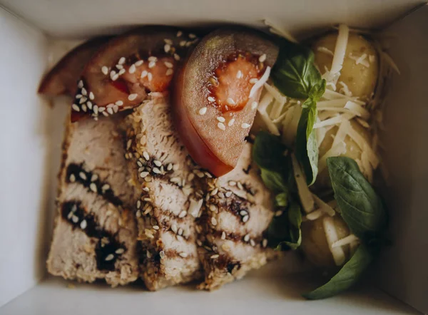 Baked Boiled Pork Chopped Tomatoes Boiled Potatoes Pieces Meat Balsamic Stock Photo