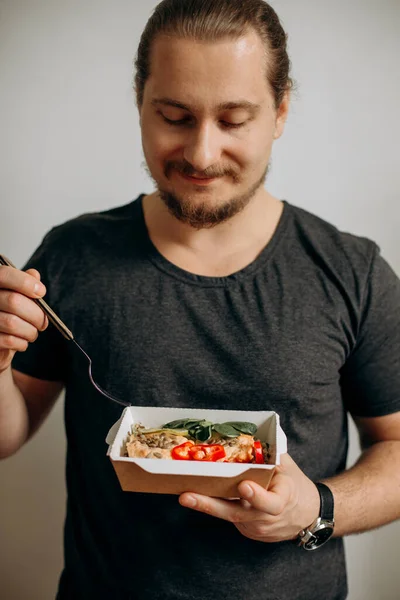 Happy Mustachioed Bearded Man Holding Fork His Food Delivery Concept — Stok Foto