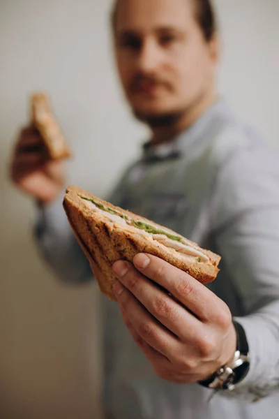 Sandwich Male Hands White Background Half Sandwich Hands Man Guy — Stok Foto