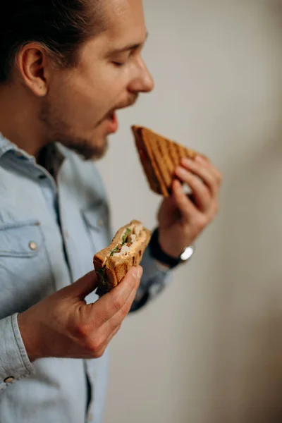 Man Denim Shirt Wants Bite Sandwich Young Man Holding Sandwich — Stok Foto