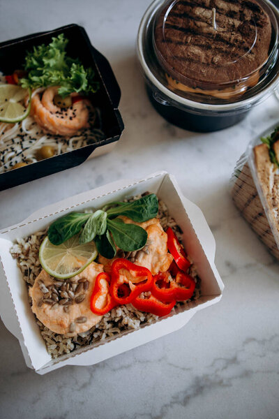 Dishes Paper Container Marble Surface Top View Food Delivered Catering Stock Image
