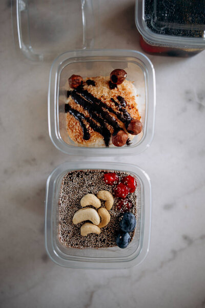Chocolate Mousse Chia Seeds Berries Cashews Coconut Dessert Chocolate Topping Stock Image