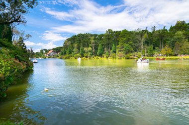 İnsanlar Kara Göl 'ü (Lago Negro) ziyaret etmek için güneşli bir günün keyfini çıkarıyorlar - Gramado, Rio Grande do Sul - Brezilya 