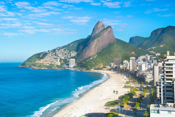 Beautiful aerial view of Ipanema and Leblon  Beach with Two Brothers Mountain (Morro Dois Irmos) and Favela Vidigal in the background - Rio de Janeiro,Brazil