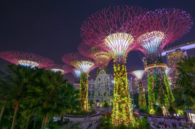 Arka planda Marina Körfezi Kumları olan Gardens 'taki Supertree Grove' un gece görüşü. Singapur - 08 Kasım 2017