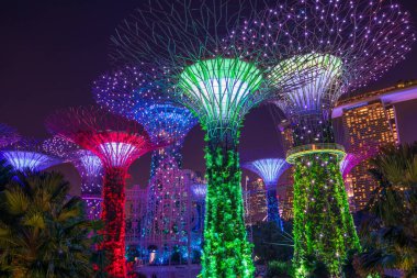 Arka planda Marina Körfezi Kumları olan Gardens 'taki Supertree Grove' un gece görüşü. Singapur - 08 Kasım 2017