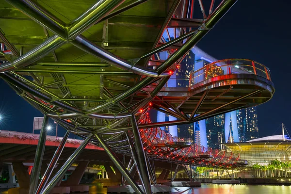 Vista Noturna Ponte Helix Com Marina Bay Sands Fundo Singapura — Fotografia de Stock