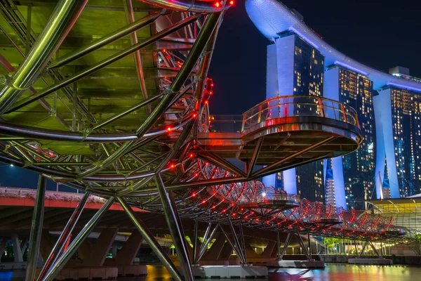 Vista Noturna Ponte Helix Com Marina Bay Sands Fundo Singapura — Fotografia de Stock