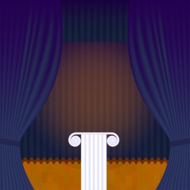 A scene with a blue theater curtain and pedestal. clipart