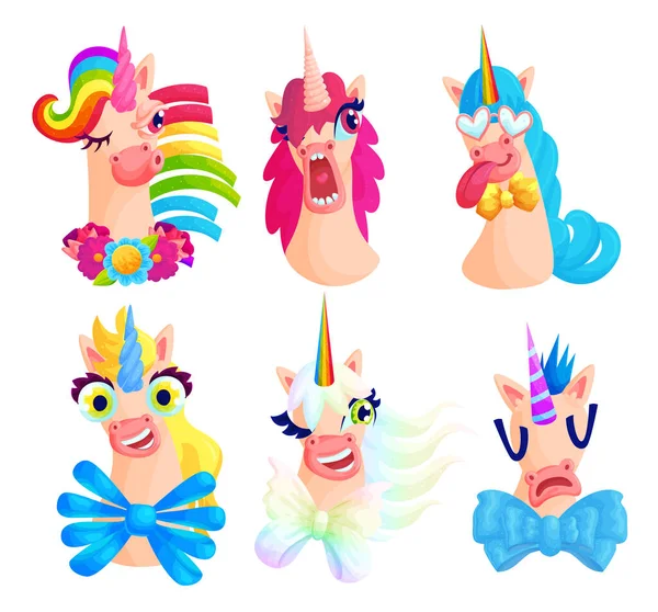 Cute unicorn grimaces cartoon illustrations set Stock Illustration