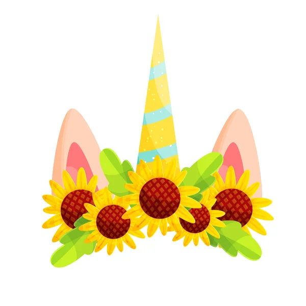 Ikatan kepala Unicorn dengan rangkaian bunga matahari - Stok Vektor
