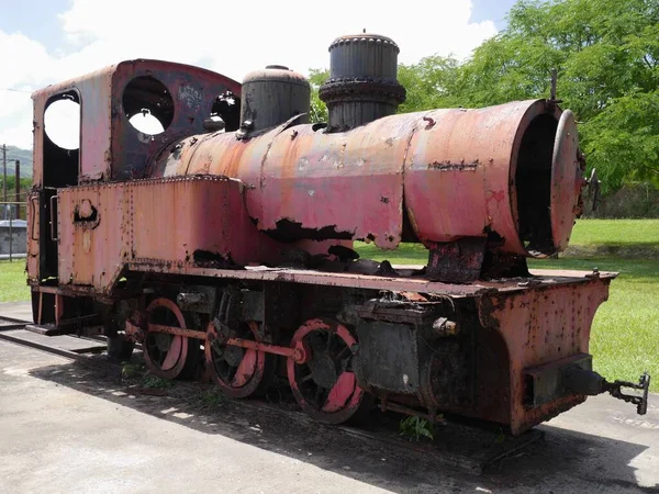 Rear side view of the relics of the old train used to transport sugar at the Japanese sugar mill in Songsong, Rota, Northern Mariana Islands