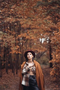 Sonbaharda parkta duran zarif bir kadın.