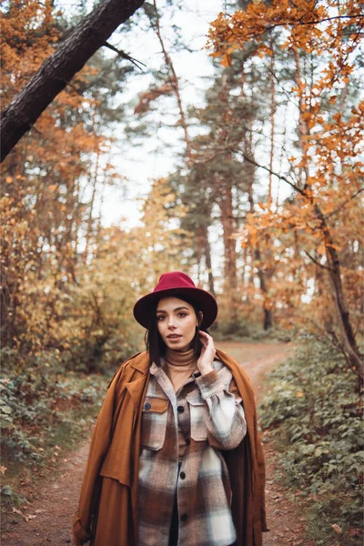 乾いた草と秋の風景の中に若い美しい女性の屋外ファッション写真 ニットセーター ワイン口紅 暖かい秋 — ストック写真