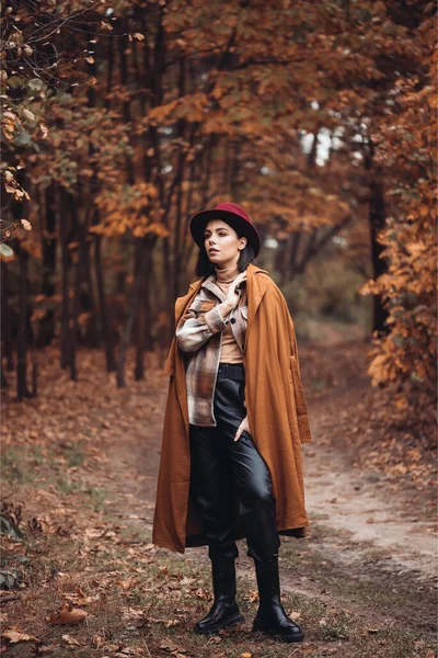 秋に公園に立つ美しいエレガントな女性 — ストック写真