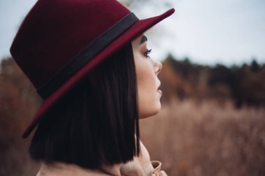 Sonbahar manzarasında kuru çimlerle güzel bir bayanın açık hava moda fotoğrafı. Örgü süveter, şarap ruju. Sıcak Sonbahar.