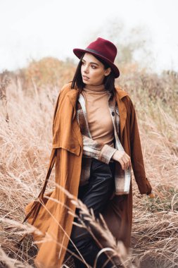 Sonbahar gününde güzel bir kadın. Güzellik ve moda. Sonbahar modası ve yaşam tarzı. Sıcak sonbahar kıyafetleri, şapka ve sarı eşarp giyen güzel bir kadın. Sonbahar havası. Açık havada şık bir kadın..