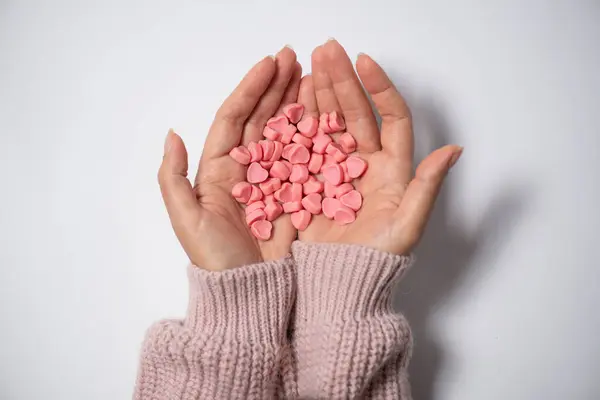 Female Hands Holding Pills White Background — ストック写真