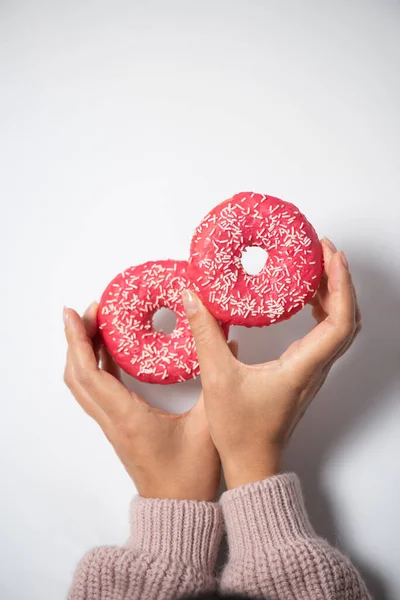 Woman Holding Donut Donuts White Background — Stock Photo, Image
