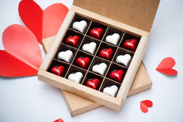 Gift Boxes Red Hearts White Background — Fotografia de Stock