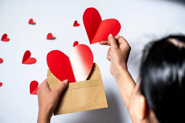 Cropped View Man Holding Paper Heart Shaped Gift Box White — Photo