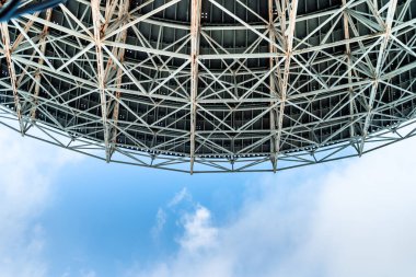 Dünya 'dan iletişim ve sinyal alabilmek için büyük uydu anteni antenleri. Gün batımında uzayda radyo sinyali arayan gözlemevi.