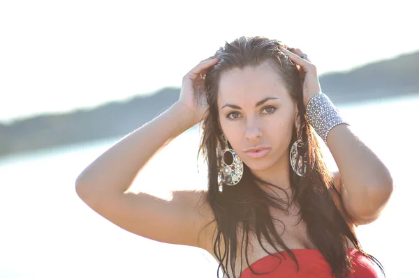 Woman Summer Long Red Dress Outdoor — Stock Photo, Image