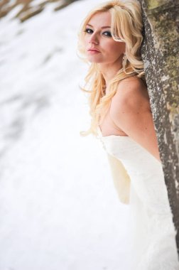 Kışın kalenin yanında şehvetli, güzel bir gelin.