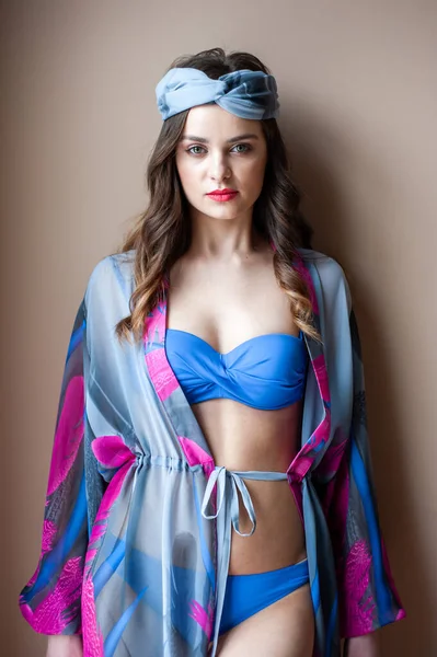 Belle Jeune Femme Maillot Bain Une Robe Bleue — Photo