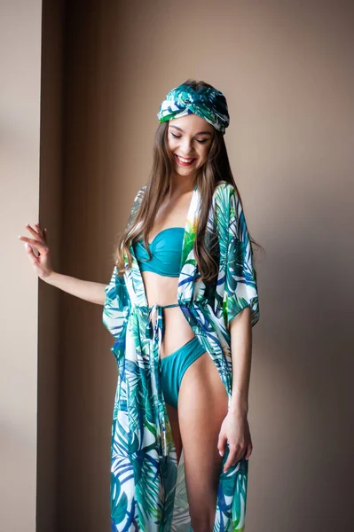 Beautiful Young Woman Swimsuit Posing Studio — ストック写真